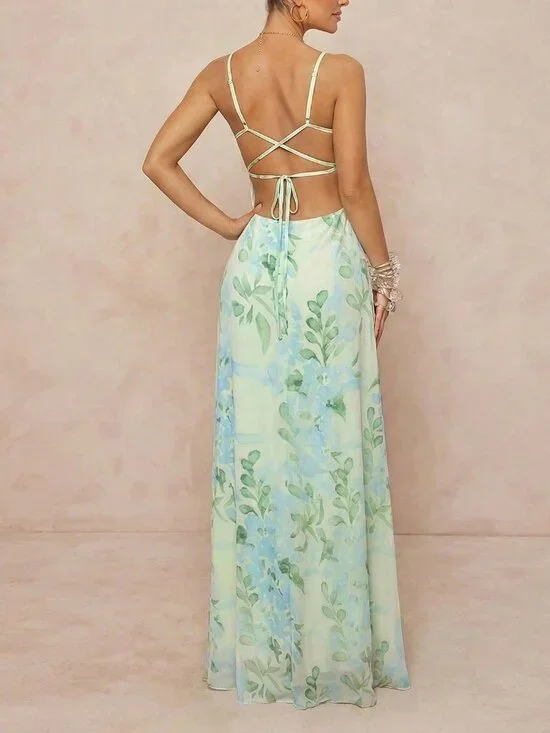 Multicolor Boho Women's Maxi Dress with Ruffle Overlay and Lace Back - Picture 2 of 6